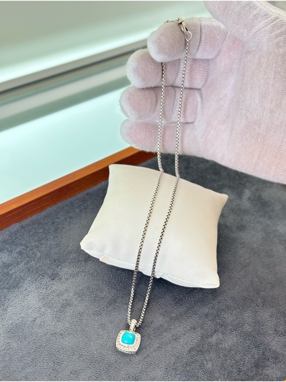 David Yurman Petite Albion Pendant Necklace with Turquoise & Diamonds 17" - Picture 9 of 9